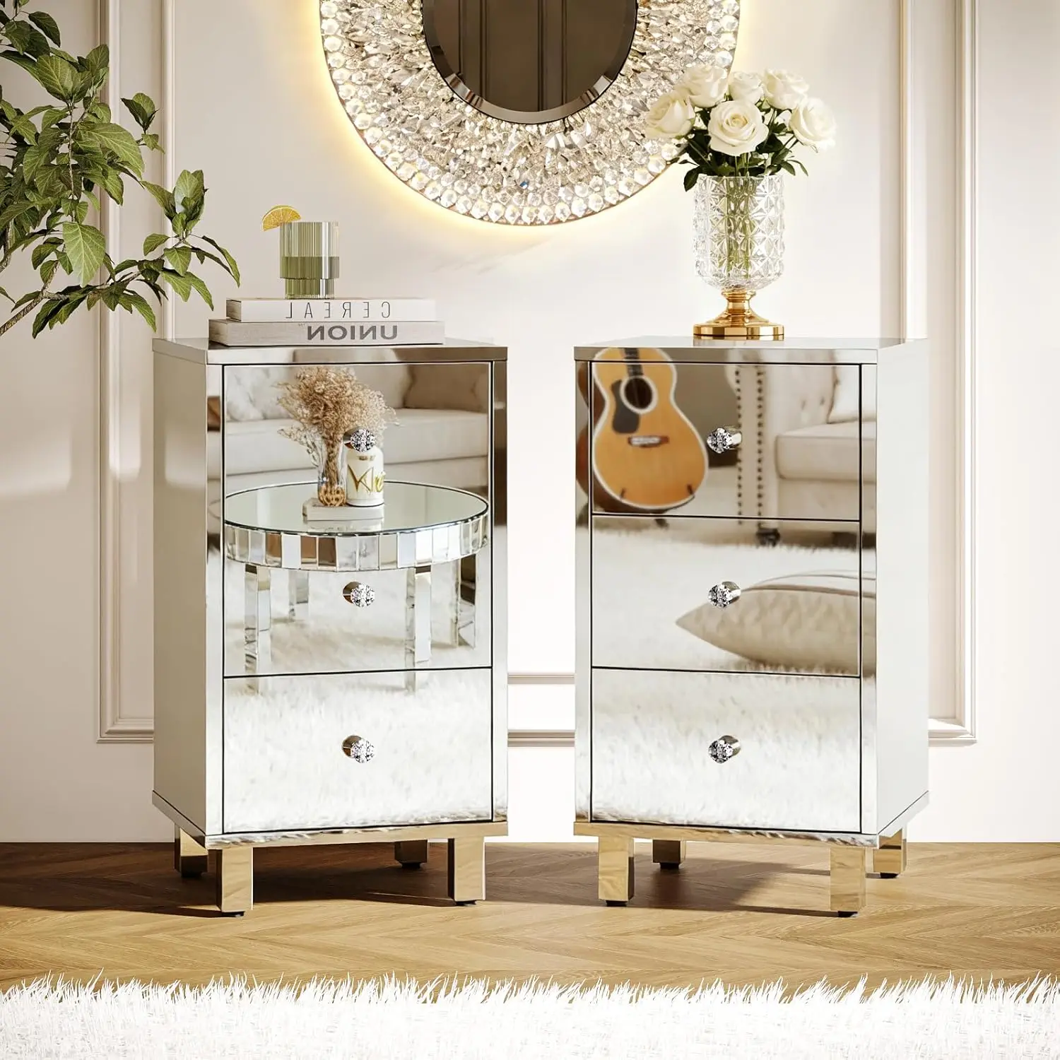 

Mirror-Look Nightstands Set of 2, Silver Nightstand with 3 Drawers, Night Stand for Bedroom, Faux Mirrored, Customized