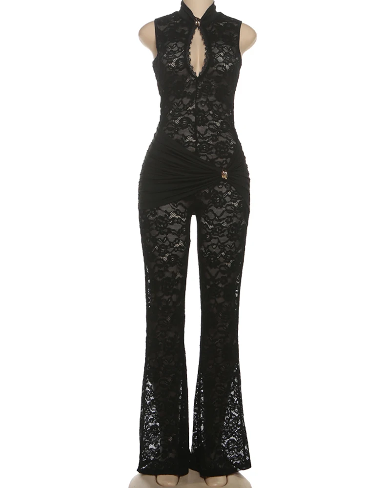 مثير انظر من خلال حللا امرأة تصميم جوفاء أكمام نحيل عالية الخصر شارع العليا أزياء أنيقة وزرة كلاسيكية