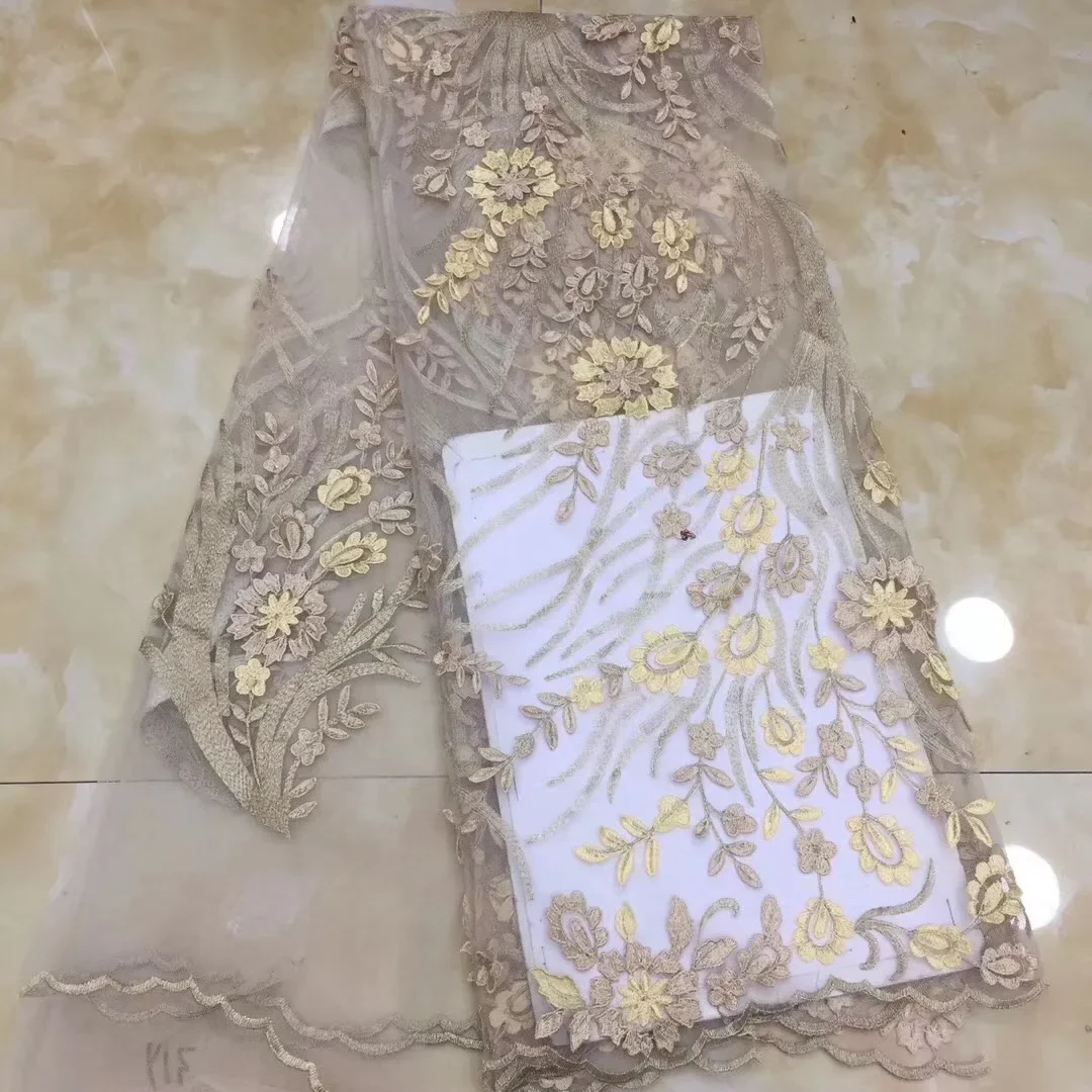 

African Latest Lace Fabric Gold Nigeria Lace Fabric Embroidery Beaded Lace African Bridal Fabric 5 Yards for Wedding Party