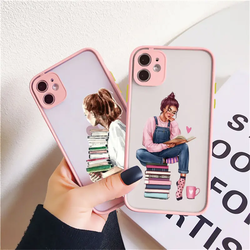 Read Book Coffee Girl Phone Case Cute cover for iphone X XS XR 17 16 15 13 14 12 11 Pro Max Mini 16 15 14 Plus Shockproof Cover