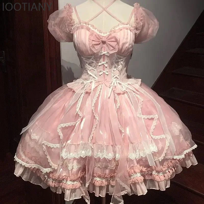 

2025 New Japanese Lolitaa Jsk Girl Dress Sling Sweet Cute Princess Pink Super Fairy Fluffy Ruffle Lace Dress Masquerade Dress