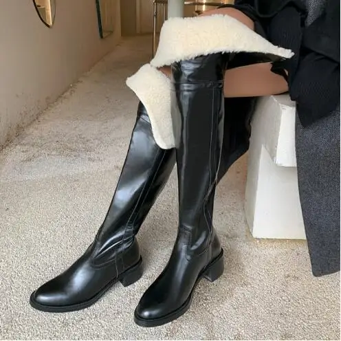 Winter Brown Black Genuine Leather Round Toe Lamb Fur Over The Knee Boots Women Med Heels Tube Slip On Warming Long Boots Shoes