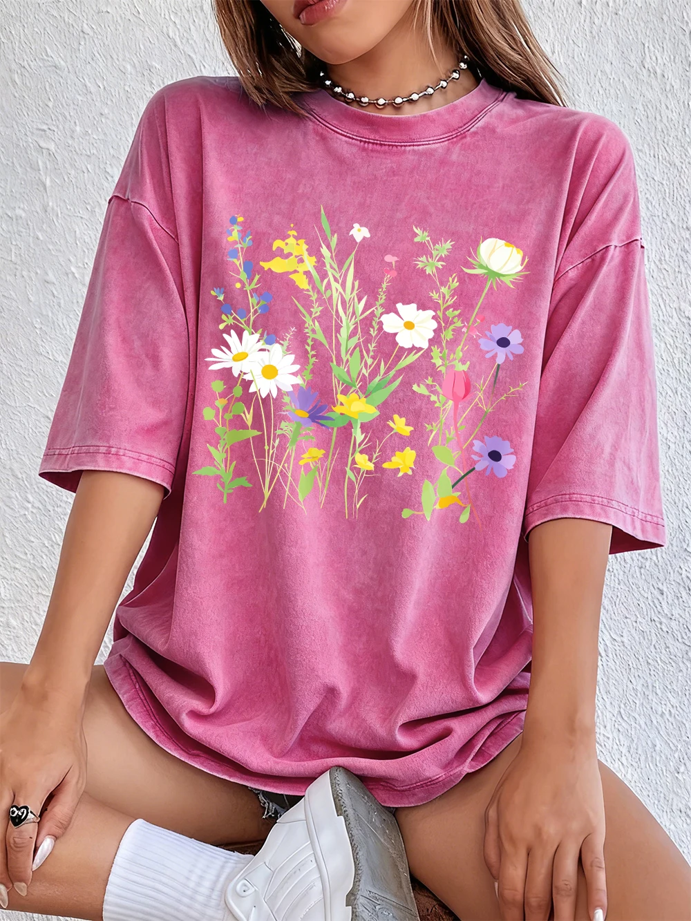 Various Flowers And Green Leaves Printed Washed T-Shirts Womens Cotton Oversize Tops Casual O-Neck Loose T Shirt Summer Clothes