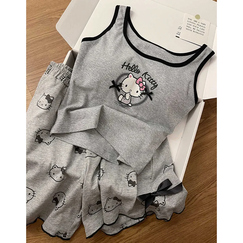 Anime Sanrios Hello Kittys Casual Pajamas Suit Sleeveless Pad Tops Shorts 2 Piece Set Girl Bowknots Gray Sleepwear Women Clothes