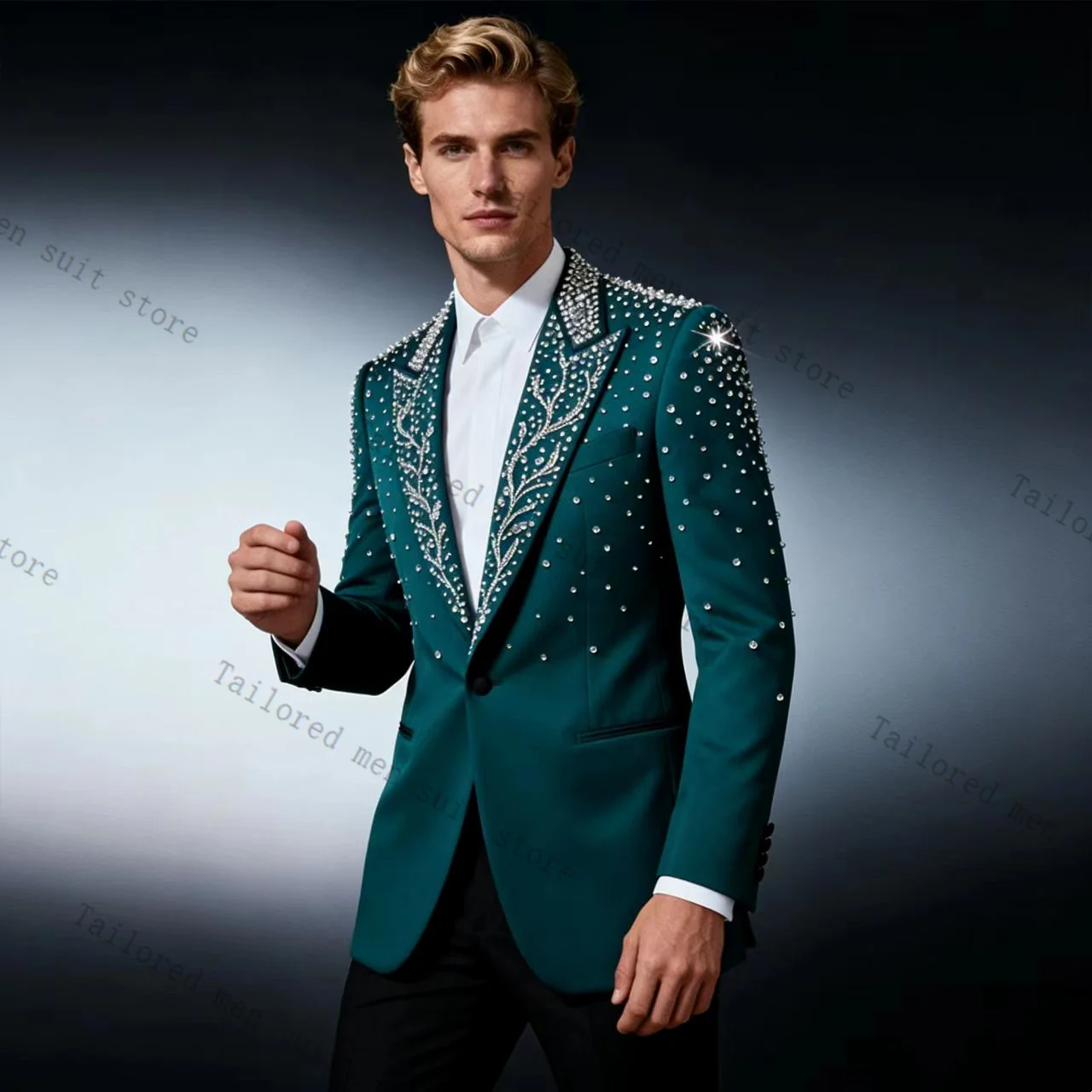 

Golden Crystals Men Suits Pants Set 2 Pcs Blazer+Cotton Trousers Groom Wedding Tuxedos Jacket Formal Office Business Coat Outfit