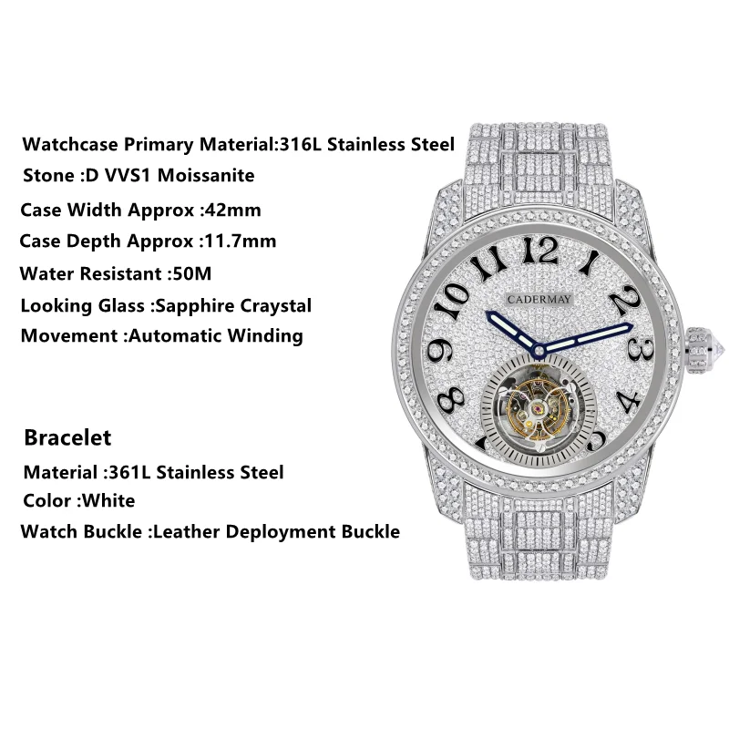 Cadermay D VVS1 Moissanite Watches Luxury Brand 361L  Stainless Steel Machanical Tourbillon Wristwatches For Men Business  Watch