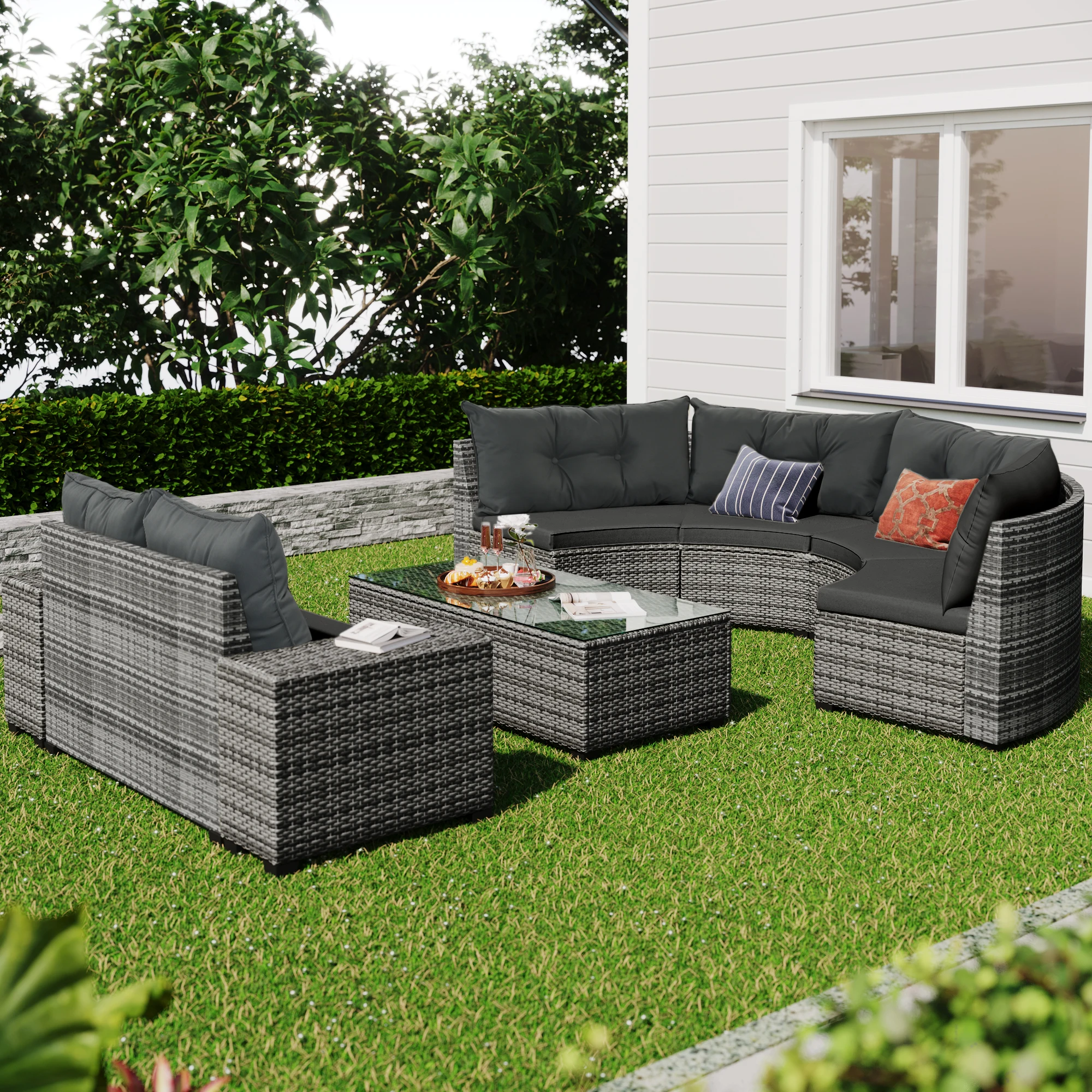 

8-pieces Outdoor Wicker Round Sofa Set, Half-Moon Sectional Sets All Weather, Curved Sofa Set With Rectangular Coffee Table, PE
