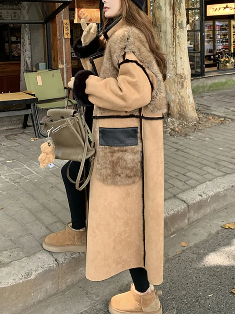 LANMREM Thicken Fur Coat For Women Lapel Double Breasted Long Sleeves Loose Big Size Coats 2024 Winter New Warm Clothes 2DB1692