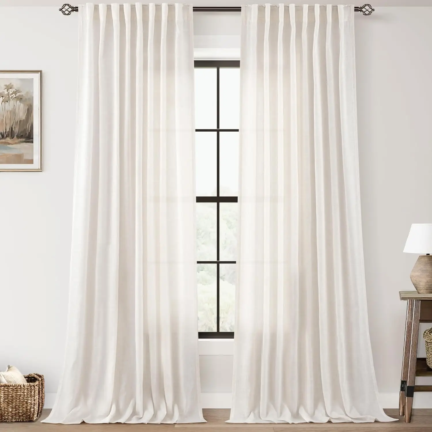 

2 Panels Cream Linen Curtains 132 in Long Light Filtering Semi Sheer for Living Room Neutral Farmhouse Drapes 60x132