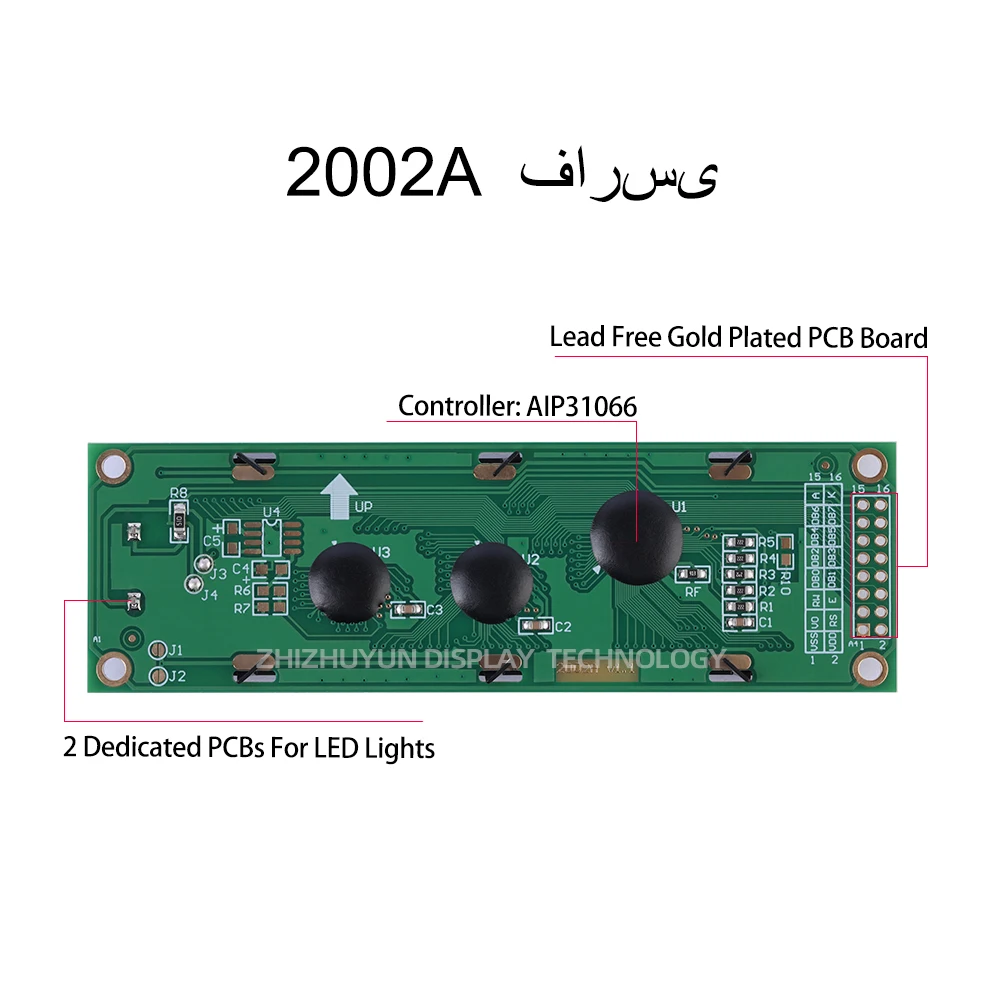 โมดูล LCD ตัวละคร Farsi 2002A ออกแบบได้ตามที่ต้องการฟิล์มสีเทาสีน้ำเงินตัวขยายสัญญาณเสียงหน้าจอแสดงผล