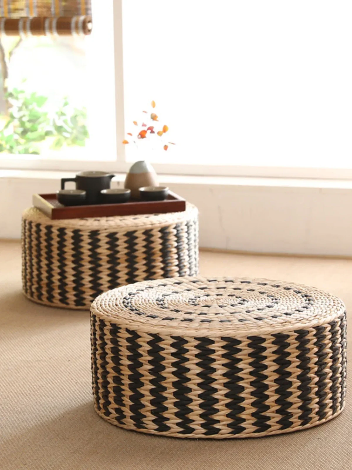 

#Pastoral style cattail handmade woven cattail cushion circular thickened household bay window tatami mat cushion