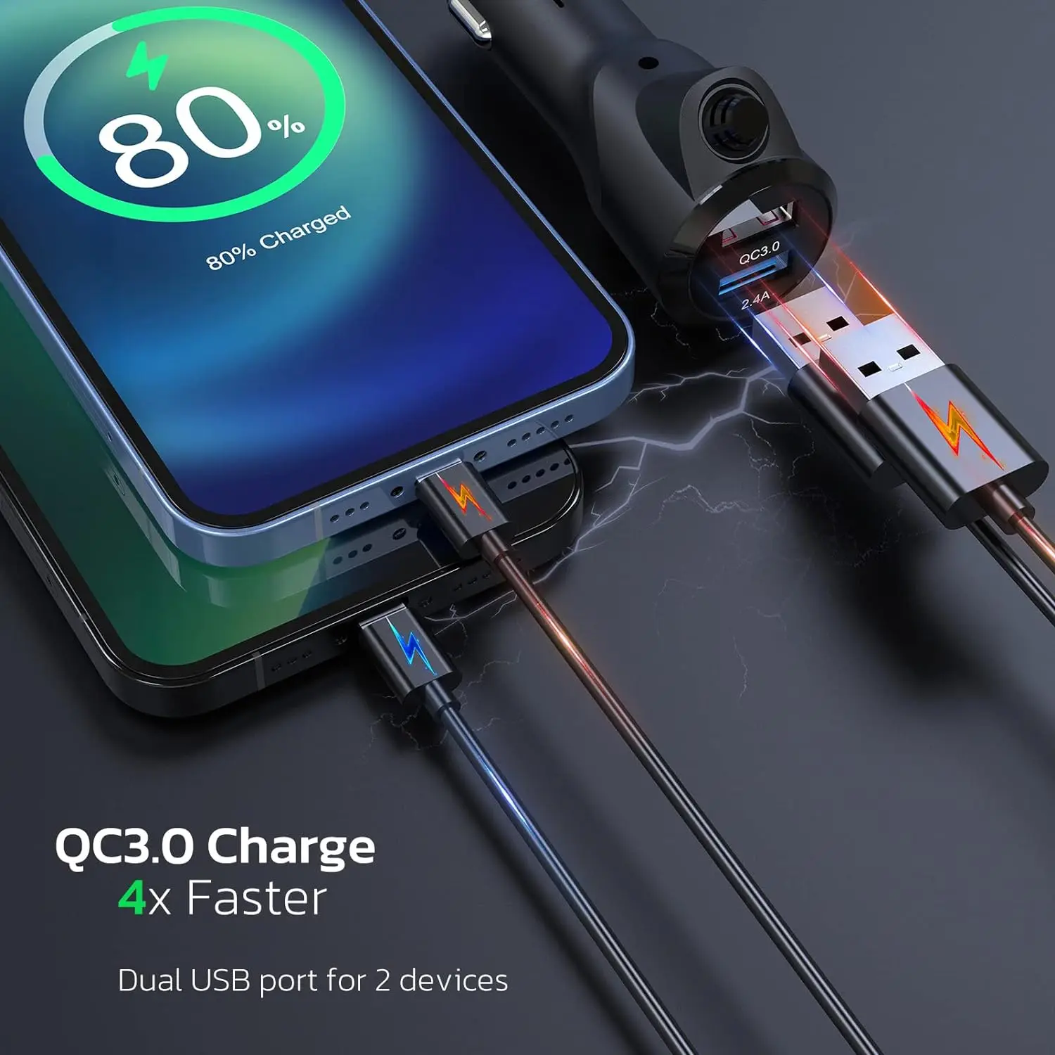 Multifunctional Wireless FM Transmitter with Big Color Screen 2.4A QC3.0 Dual USB Fast Charging Car AUX Adapter MP3 Music Player