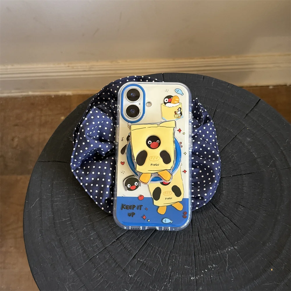 

Korean Cute Penguin Magnetic Phone Case For iPhone 16 Pro 15 13 14 Pro Max 17 Cover With Magsafe Stand Protective Cases 16 Cover