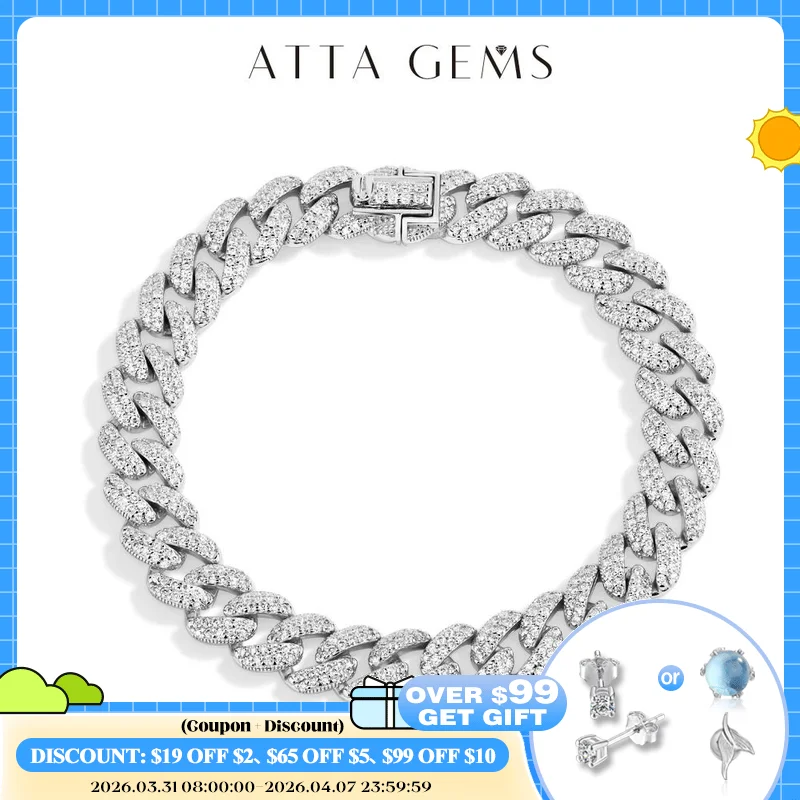 

ATTAGEMS DVVS1 Full Moissanite Cuba Chain for Man Women 925 Sterling Silver 18k Gold Plated Hip Hop Tennis Bracelet Fine Jewelry