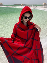 Hooded Retro Cloak Imitation Cashmere Solid Color Lattice Autumn Winter New Women Scarf Thickened Warm Tassel Split Big Shawl