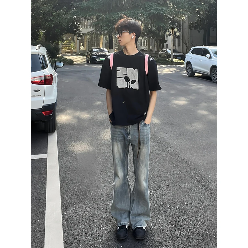 

Retro Wash Blue Men's Jeans Summer New American High Street Flared Pants Trendy Straight Leg Trousers Youth Fashion Jeans