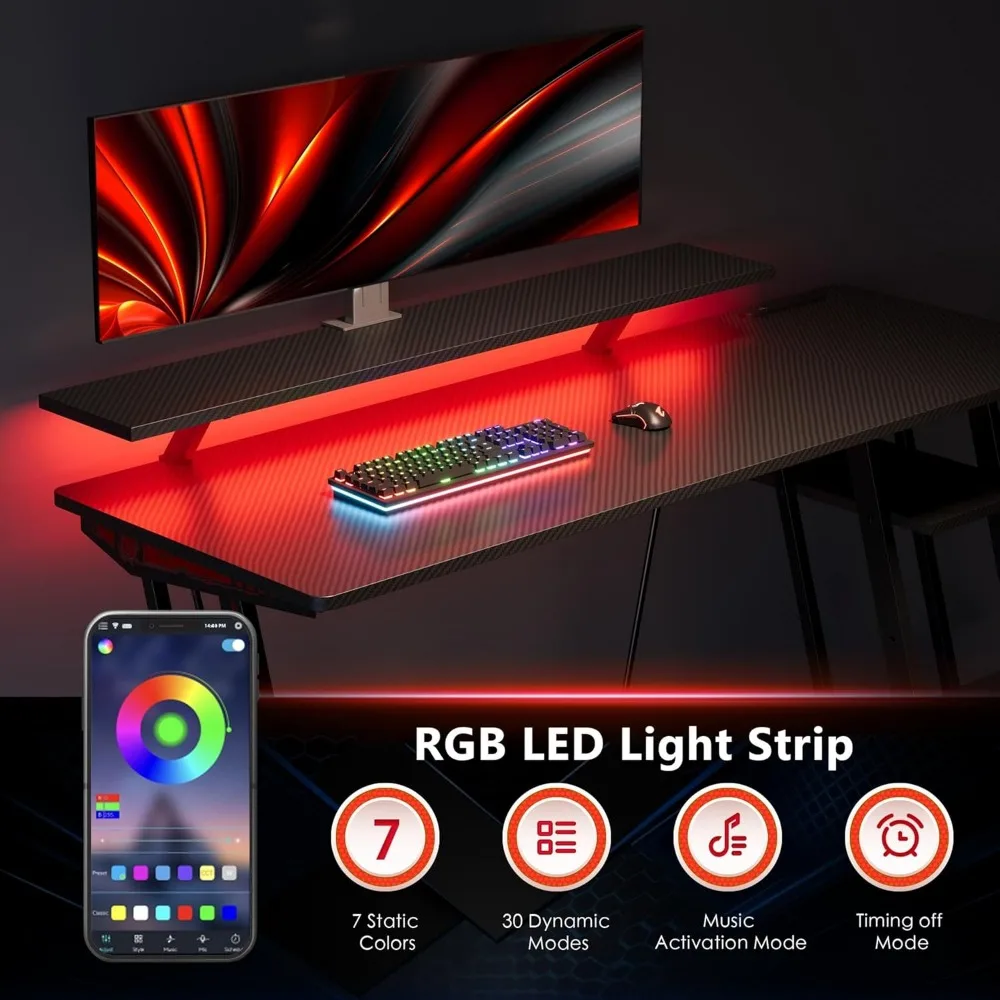 مكتب ألعاب بإضاءة LED مقاس 47 بوصة مع منافذ طاقة وطاولة من ألياف الكربون قابلة للتعديل تتميز بحامل شاشة وتخزينها