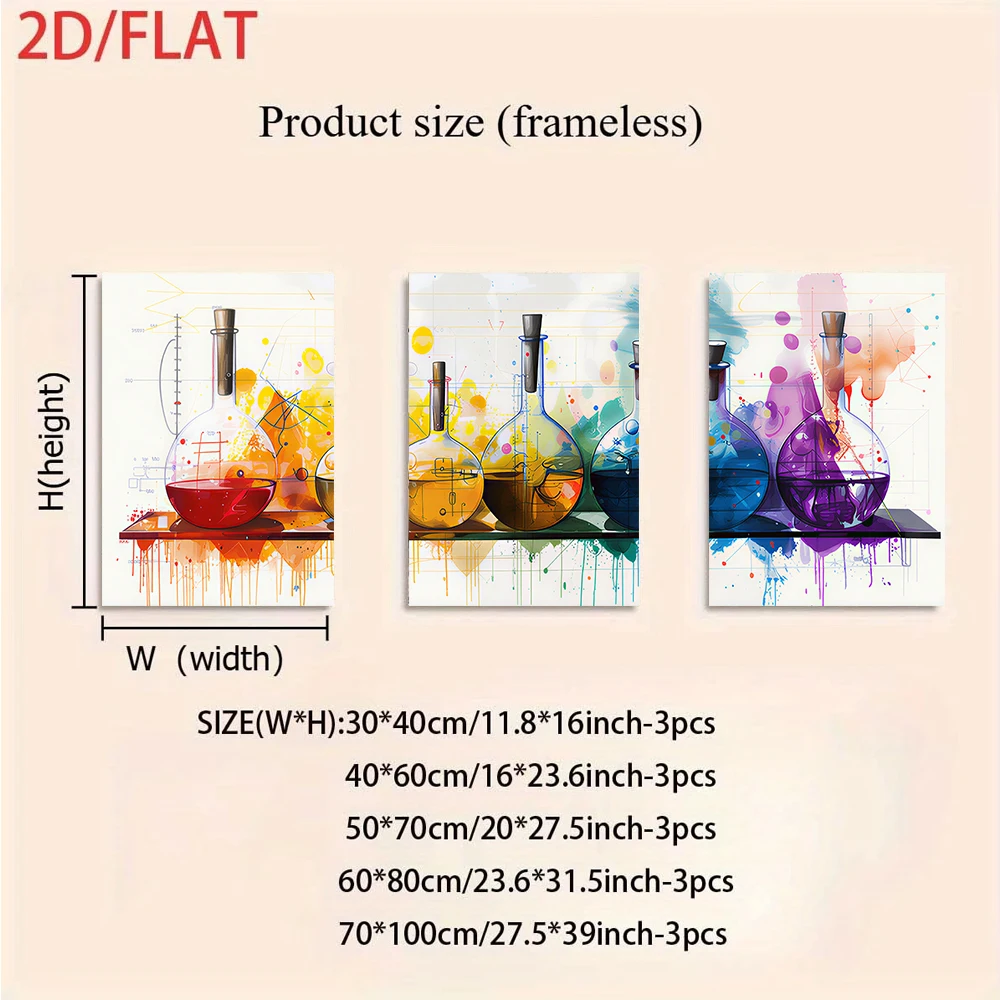 1 Set Modern Abstract Frameless Triptych Decorative Art – Rainbow-Colored Splash Art Featuring Scientific Flasks (2D Flat Design