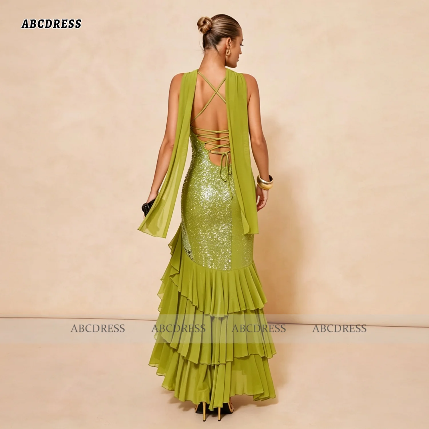 ABC Customized Elegant Olive Green Halter Neck Sequin Floral Evening Dress robes de soirée Mermaid Tiered Ruffle Prom Dress