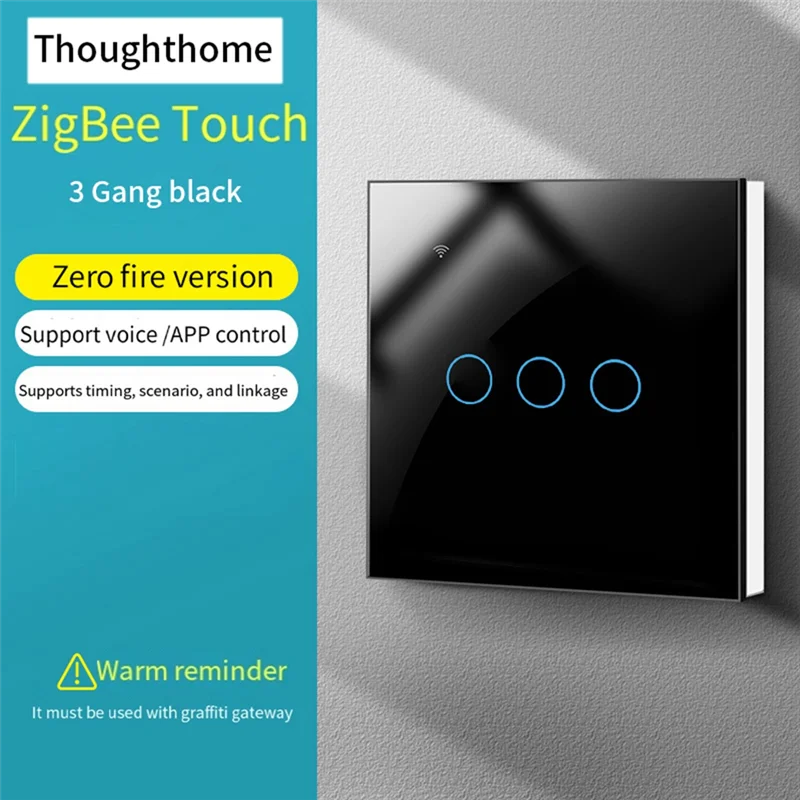 Умный переключатель Thoughthome Tuya Zigbee, сенсорный выключатель света, переключатель с нулевой пожарной линией, черный-X64A