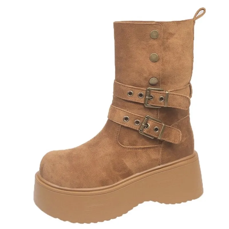 

Новые осенне-зимние женские ботинки до середины икры, фланелевые мотоциклетные ботинки с круглым носком и пряжкой на пуговицах, ботинки на платформе