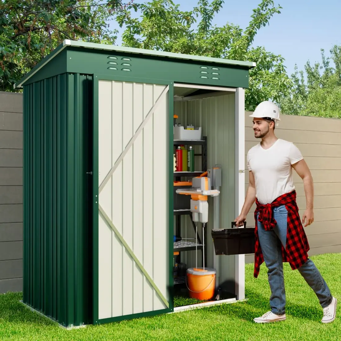 5x3 FT Outdoor Shed, Galvanized Metal Shed Lockable Door, Green