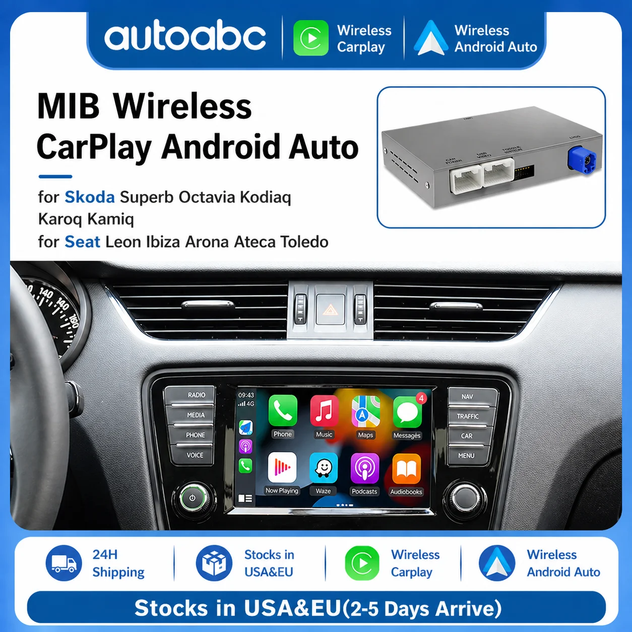 Kabelloses CarPlay für Skoda Superb Octavia Kodiaq Karoq Kamiq für Seat Leon Ibiza Arona Ateca Toledo MIB MIB2 System Android Auto