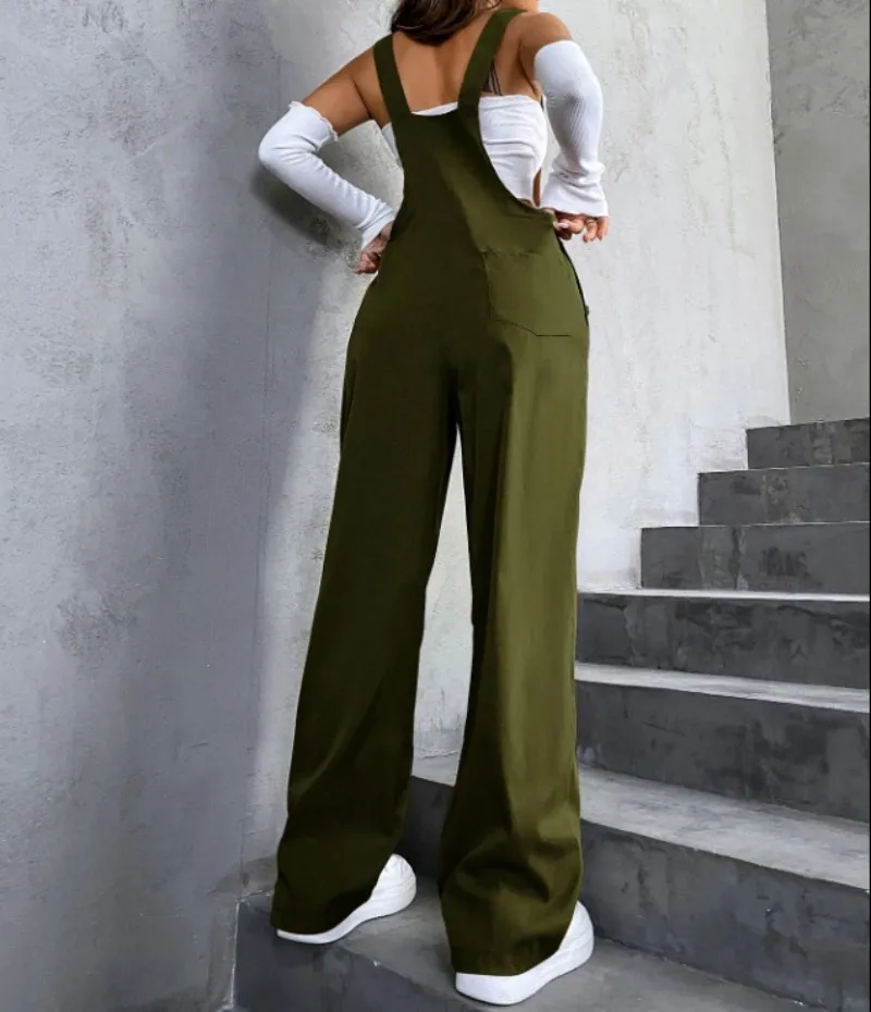 European and American Retro Pocket Solid Color Straight Overalls Jumpsuit Loose Stylish Casual Pants for Women