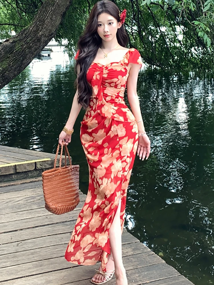 Abito lungo da donna con colletto quadrato in rete floreale rossa Abito estivo Boho elegante casual da vacanza 2025 Abito da festa coreano aderente per festival