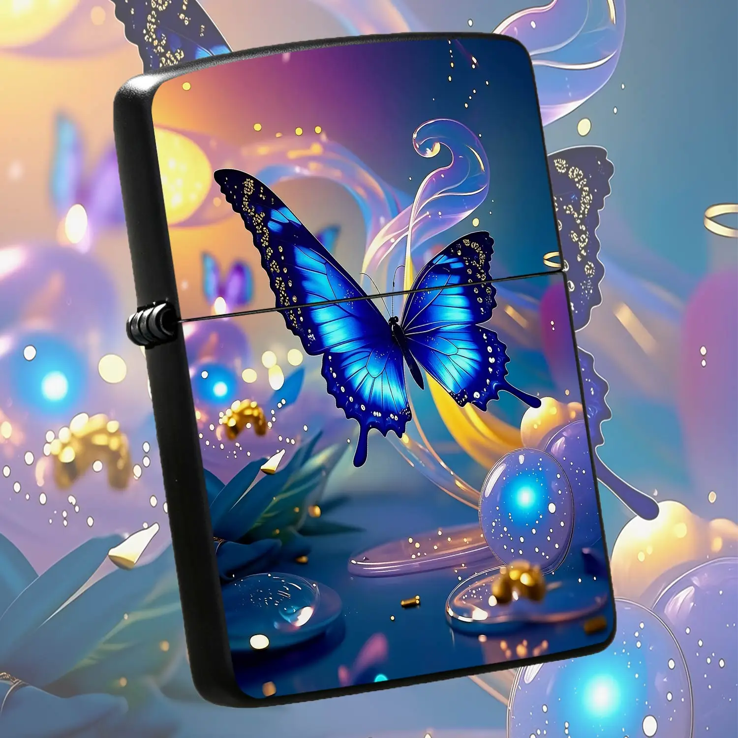 Fantasy Blue Morphodecorative Lighter, Glowing Gradient Wing With Gold Foil Accent, Dreamy Surreal Swirl Art Print, Portable Exquisite Versatile Accessory For Daily Use, Party, Outdoor Gathering, Gifting, Aesthetic Deco A Humorous And Inter