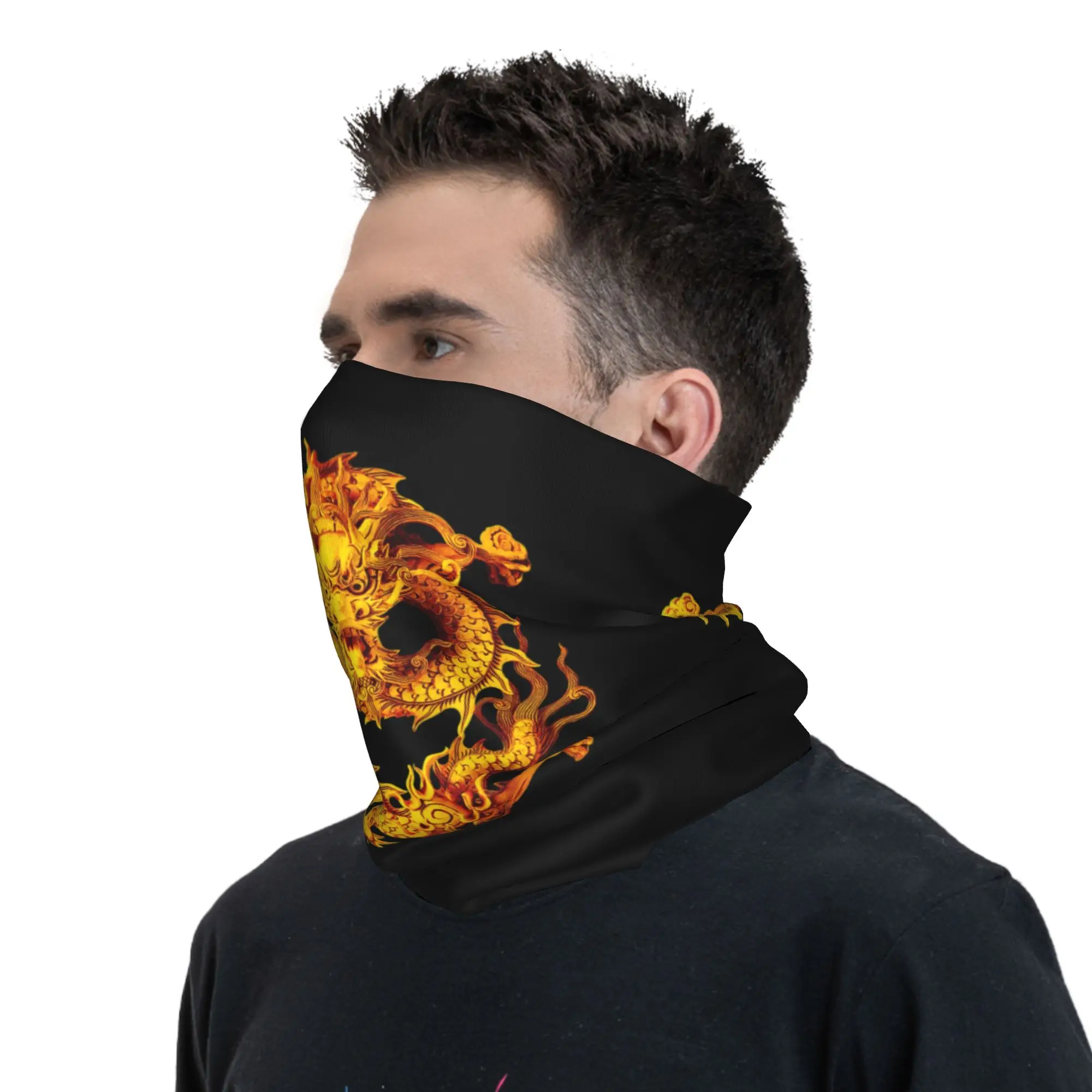 Custom Chinese Golden Dragon Bandana Winter Neck Warmer Men Windproof Wrap Face Scarf for Hiking Asian Oriental Style  Headband view 6