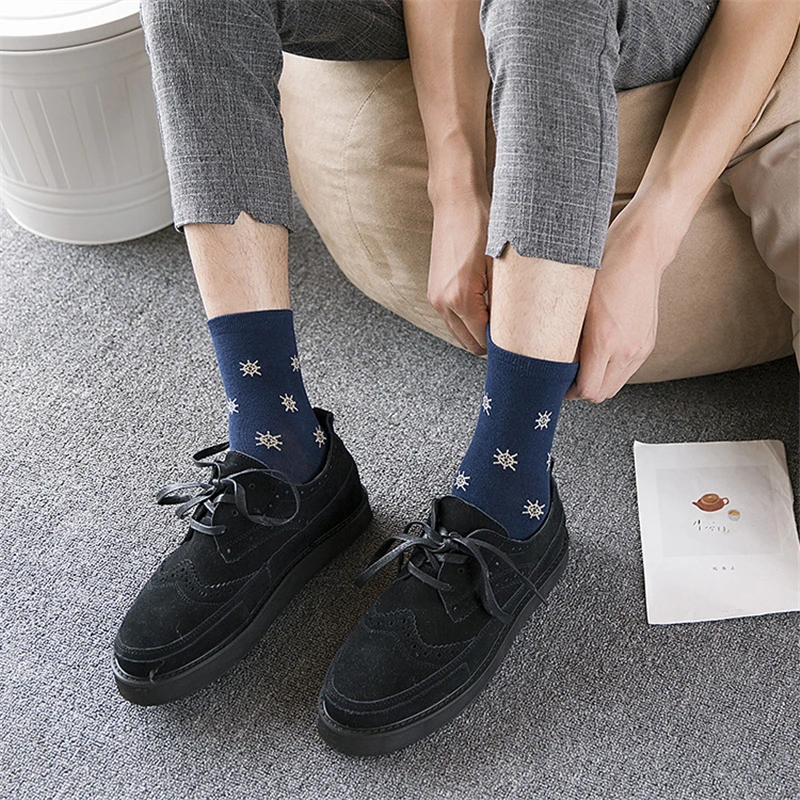 Men\'s Navy Blue Pirate Star Anchor Rudder Striped Cotton Socks Business Casual Sport Sokken Dropship