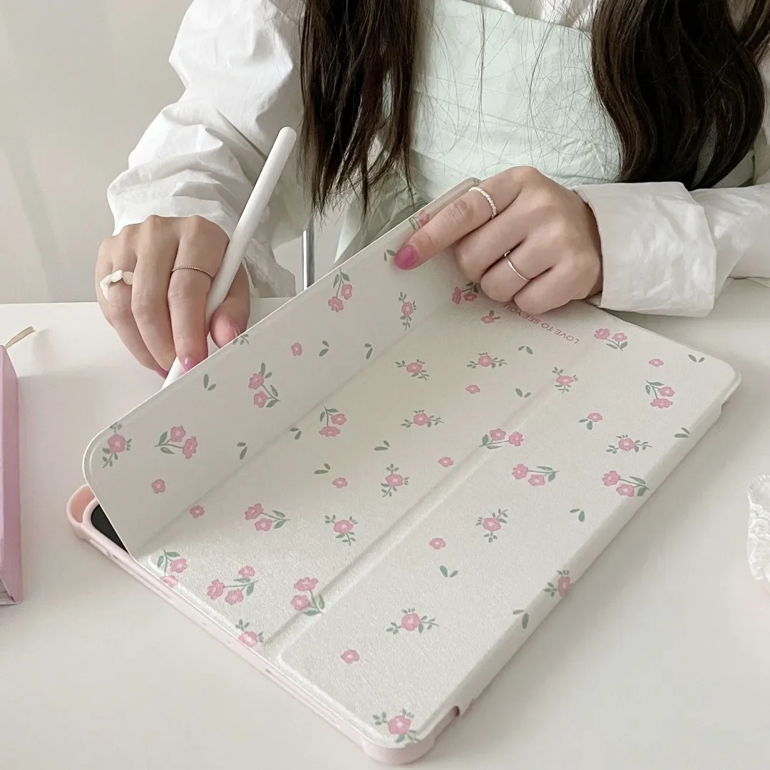 

Simple Pink Floral Protective Case with Pen Holder, iPad Air, 5th, 4th Generation, 10.9, iPad Pro 11, 10.2, 8, 9th Generation