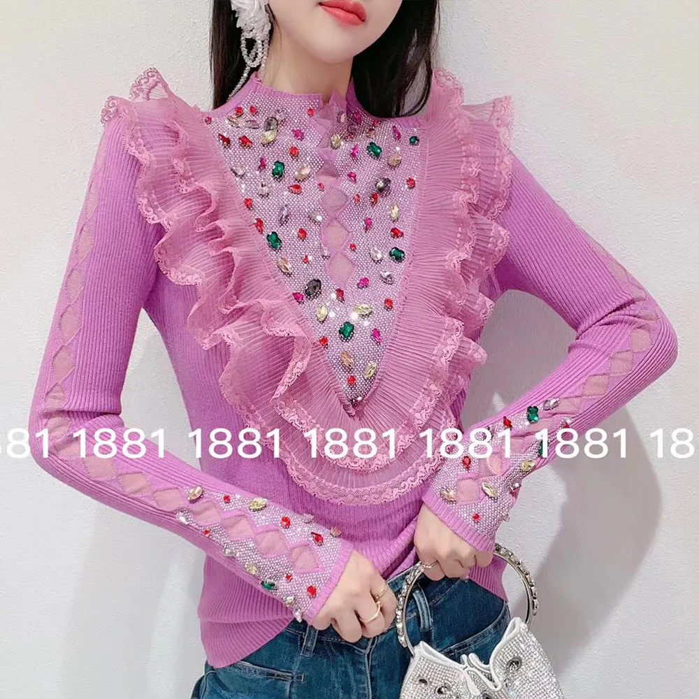 Imagem -03 - Mulheres Diamantes Coloridos Frisados Camisola de Malha Encalço Camisas Renda Ruffles Cristal Pullovers Strass Jumpers Tops