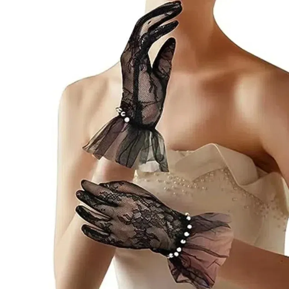 

Beautiful Breathable Bridal Gloves Thin Pearl Wedding Mittens Satin Bow Short Black Mittens Festival