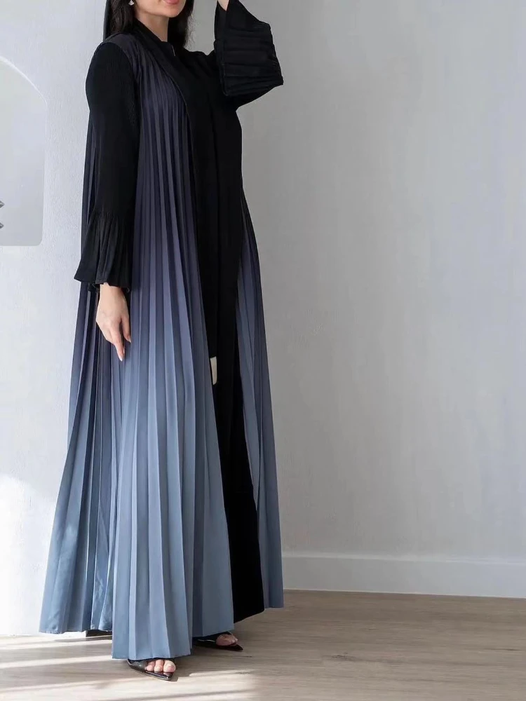 Pleated Gradient Muslim Abaya Women Abayas Saudi Arab Flare Sleeve Cardigan Dress Caftan Maxi Vestidos Morocco Kaftan Long Robe