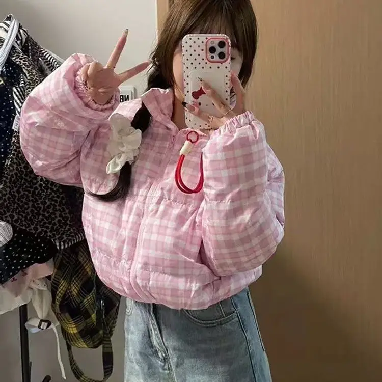 

Korejpaa Sweet Preppy Style Parkas Pink Checkered Bread Jacket Women Winter Short Warm Coat Gentle Korean Fashion Clothing