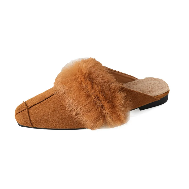 Cute Fur Women Suede Slippers Flats Fashion Casual Mules Shoes Trend Winter Plush Snow Boots Slingback Mujer Zapatos Flip Flops