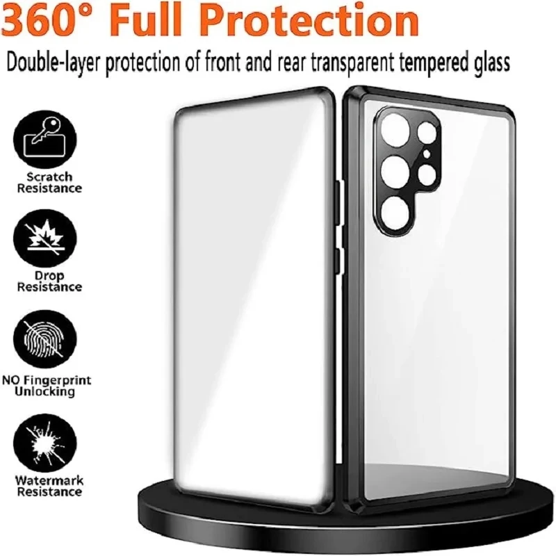 

Magnetic Double Sided Tempered Glass Case For Samsung S23 S22 Ultra S21 Plus Anti-fall Flip Cover Metal Bumper Lens Protection
