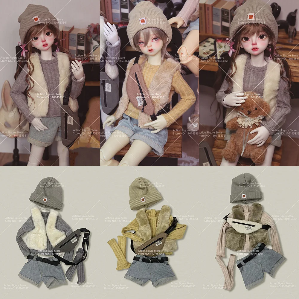 [High Quality] 1/4 Girl Casual Fur Vest Long Sleeves Knitted Sweater Denim Shorts Cold Hat and Bag for BJD Action Figure SD Body