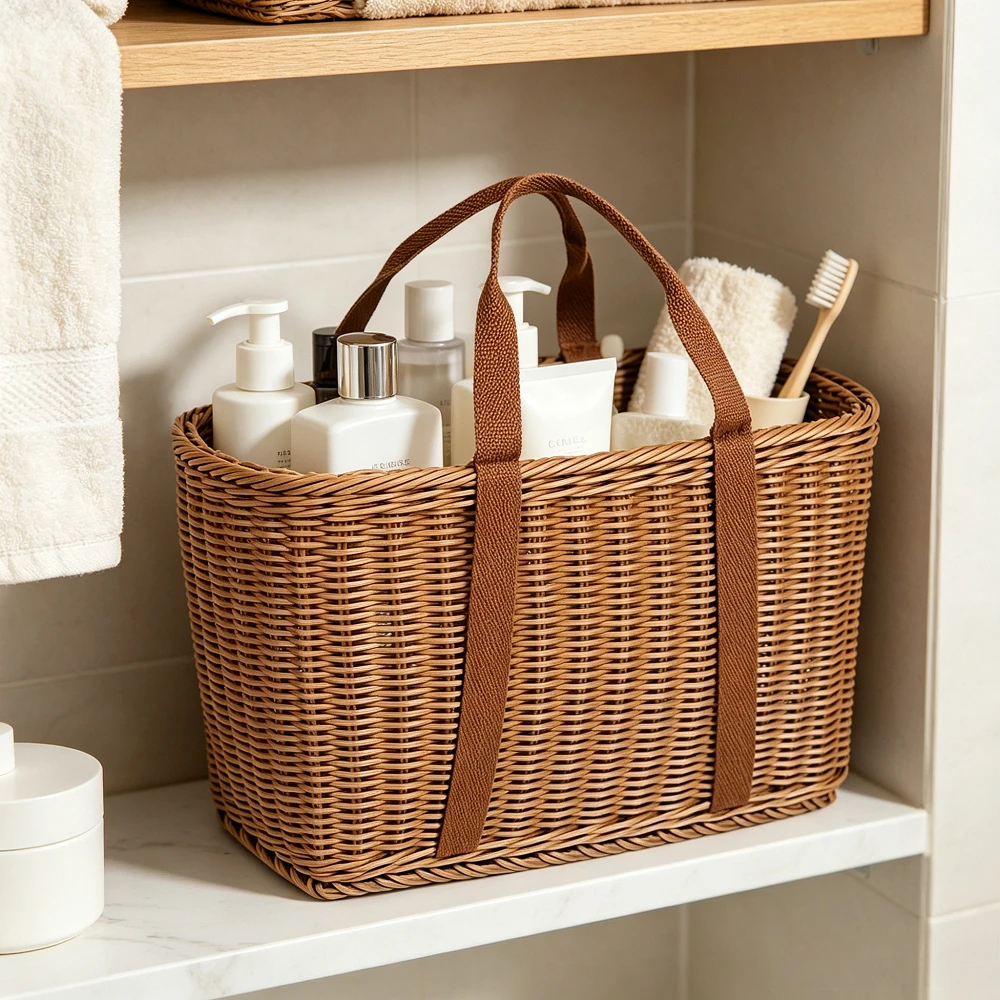Handmade Imitation Rattan Woven Shopping Basket Large Capacity Tote for Grocery Picnic Fruit Vegetable Kitchen Storage Organizer view 4