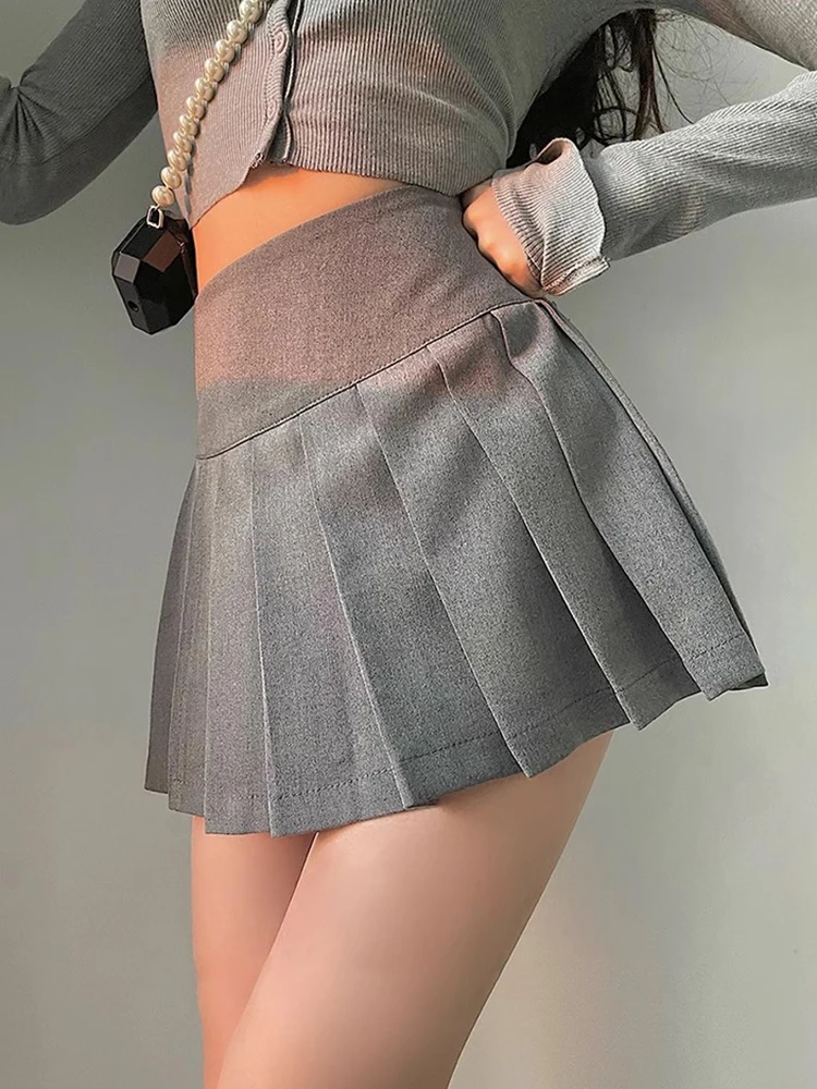 HOUZHOU Sexy Pleated Mini Skirt Women Fashion 2024 Grey Side Split High Waist A-line Slim Short Skirts Korean Y2K Skort Preppy