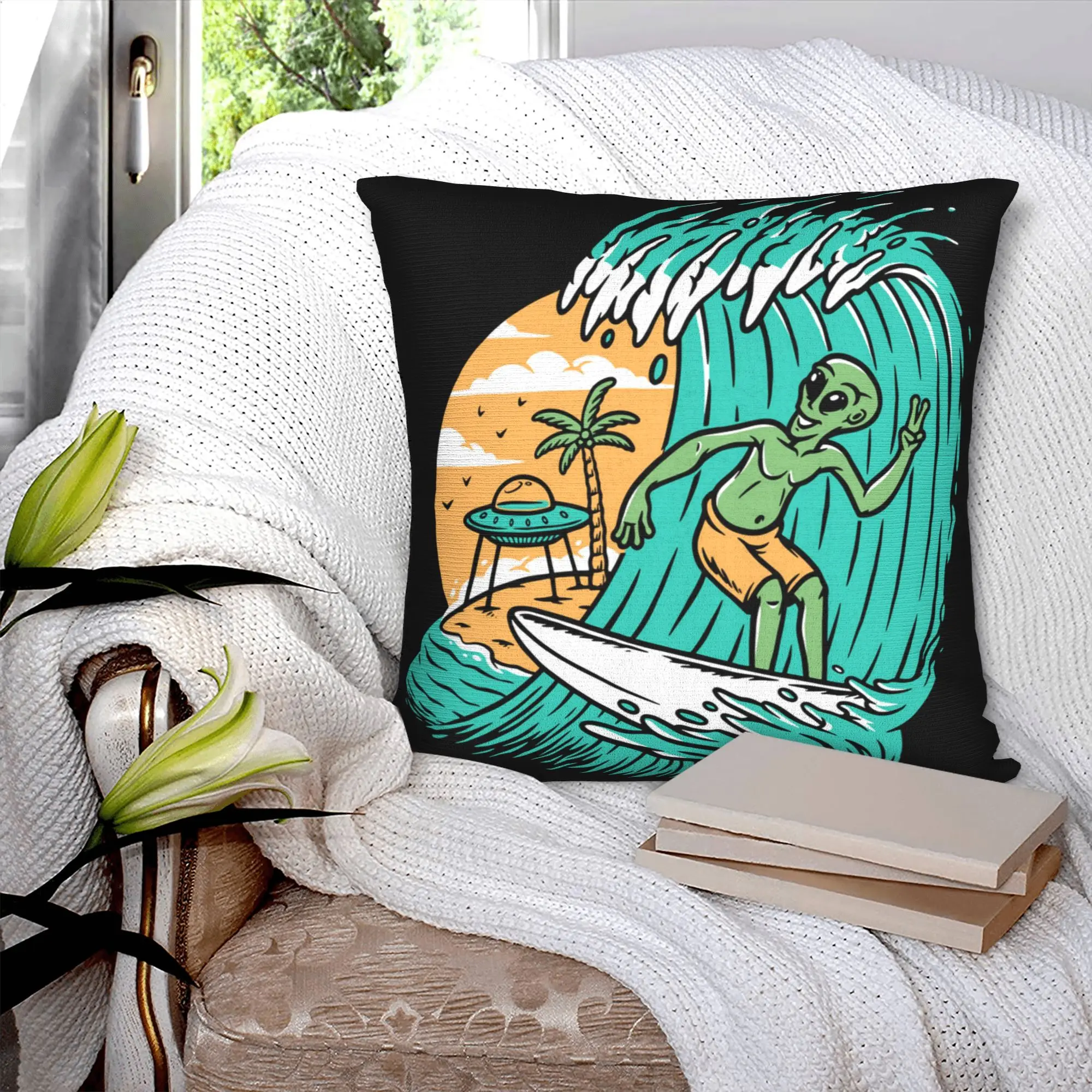 Aliens Surfing Cushion Cover 45x45cm Summer Beach Surfer Velvet Luxury Pillow Cases Decoration Salon