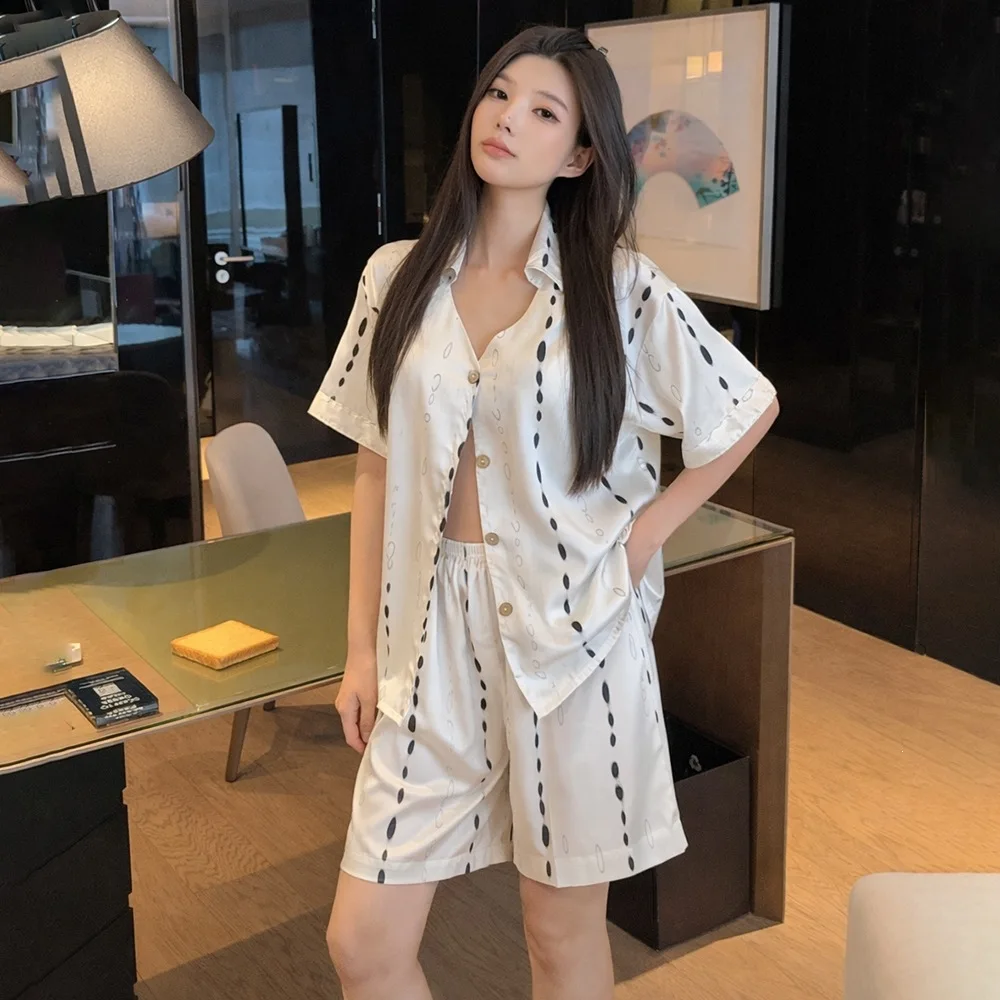 2026 New Women's Pajamas Short-sleeved Cardigan Shirt Collar Shorts Loungewear Water Drop Striped Loungewear