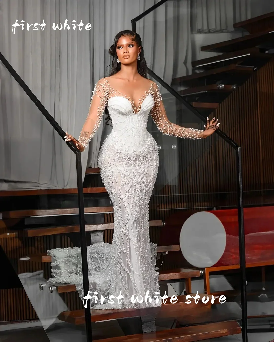 

Customized Sparkly Beads Rhinestones Wedding Dress For Bride Robe De Mariée Long Sleeves Bridal Gown with Removable Skirt