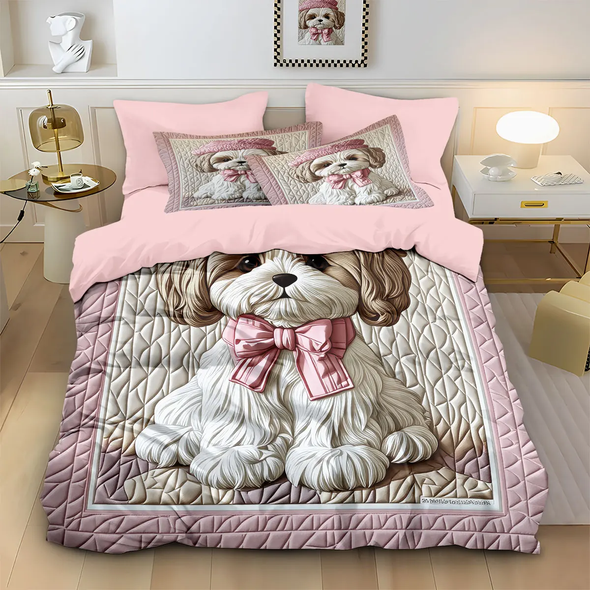 3PCS Imitation 3D Embossed Pink Bowknot Puppy Duvet Cover Set, Soft Decorative Bedding (No Insert), Machine Washable