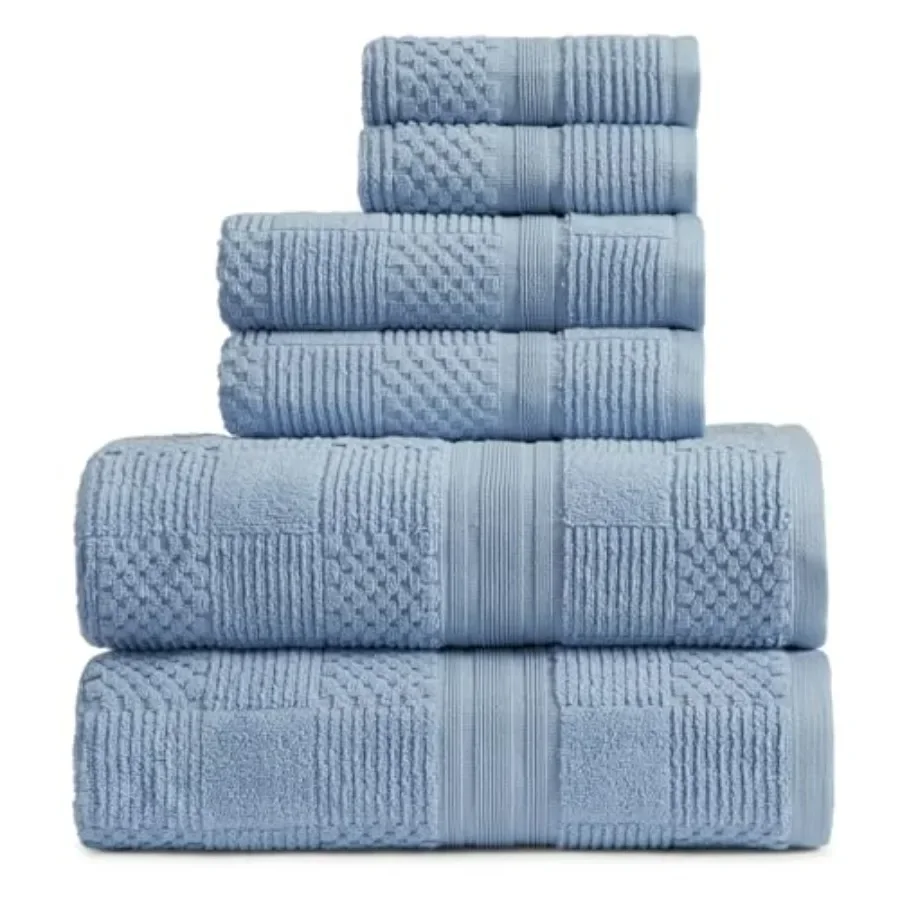 

Bathroom towel set: 100 cotton, blue, geometric textured design, absorbent quick-dry, Oeko-TEX Standard 100 certified