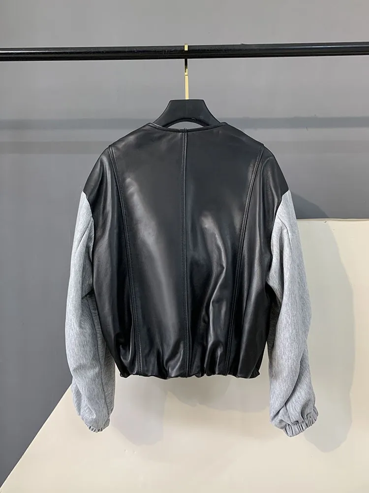 Casual Women Zipper Genuine Leather Patchwork Cloth Short Jackets Sheepskin O Neck Sheepskin Fashion Lady Loose Outerwear Coat