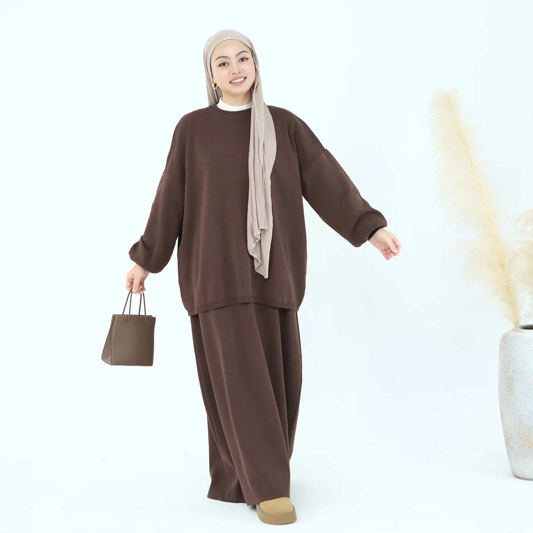 Ensemble deux pièces jupes tricotées de couleur unie pour femmes musulmanes, pull tricoté, jupe, vêtements islamiques, tenues Streetwear tendance, hiver