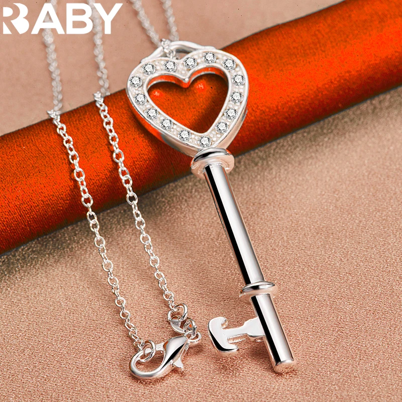 

URBABY 925 Sterling Silver With 16-30 inch Chain AAA Zircon Heart Key Pendant Necklace For Women Wedding Party Fashion Jewelry